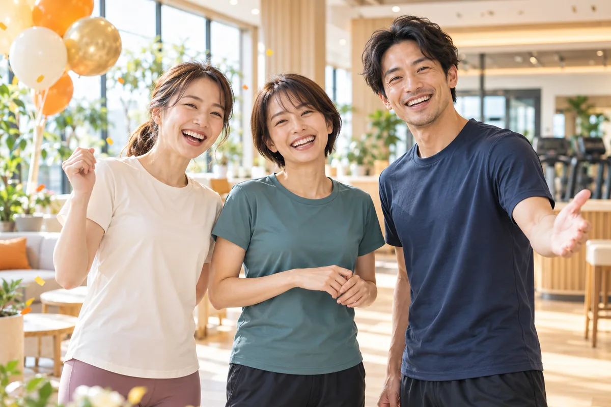 新しい毎日を笑顔で迎える男女と、お祝いのバルーンのイメージ